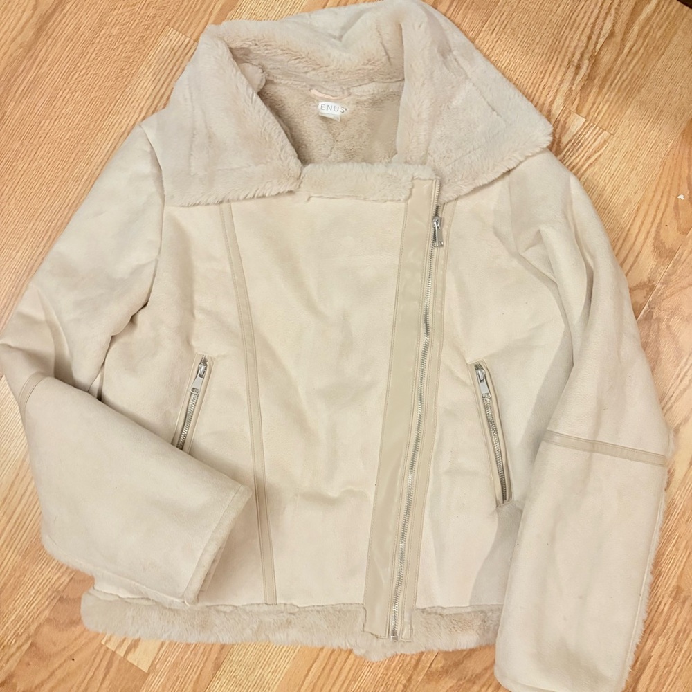 VENUS Cream Suede & Faux Fur Jacket Size Large - Picture 6 of 8